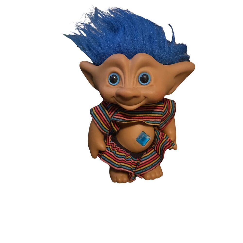 Unbranded Troll Doll Blue Hair Star Belly Rainbow Stripes Outfit